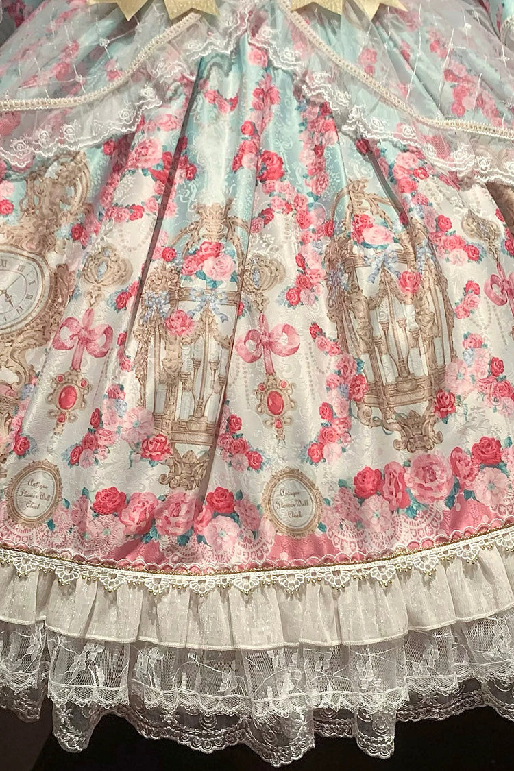 Square Collar Long Trumpet Sleeve Printed Ruffled Bow Lace-Up Sweet Lolita Dress in Mint Green/Pink - Rose Garden Prelude