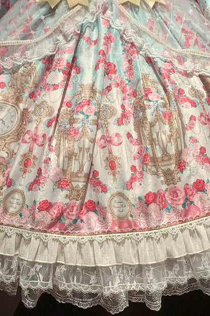 Square Collar Long Trumpet Sleeve Printed Ruffled Bow Lace-Up Sweet Lolita Dress in Mint Green/Pink - Rose Garden Prelude