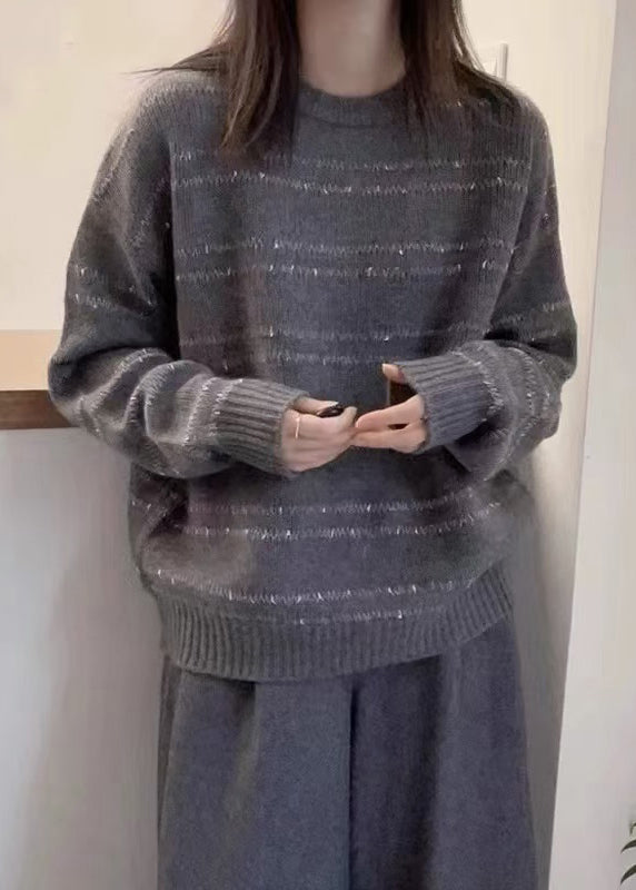 Pull en laine à rayures et col rond gris foncé pour femme Automne QP020 