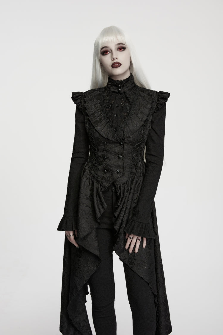 Women's Black Gothic Vest, Jacquard Cut-Out with Lace-Up and Asymmetric Design