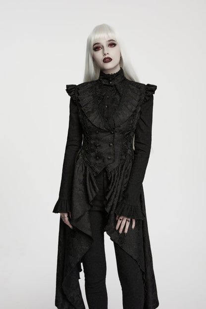 Women's Black Gothic Vest, Jacquard Cut-Out with Lace-Up and Asymmetric Design