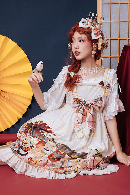 Ivory Demon Mask Print High-Waist Sling Sweet Lolita Gown