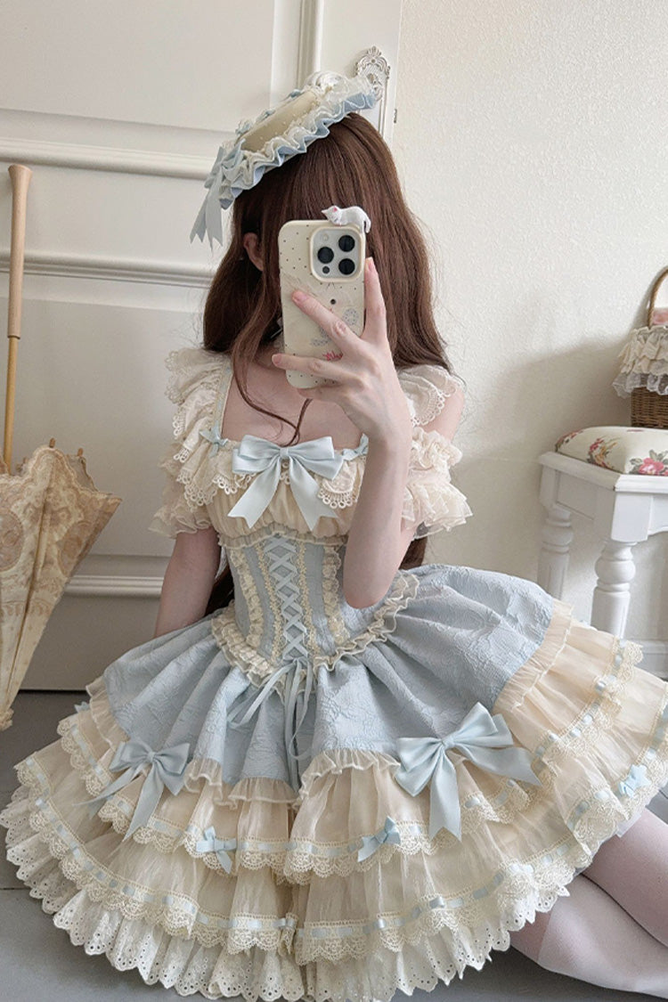 Flory Butterfly Double Ruffle Bow Lace-Up Ballet Lolita JSK