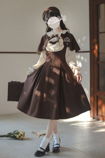Sunset Academy Vintage College Lolita Dress with Ruffle Bowknot - Long Sleeves