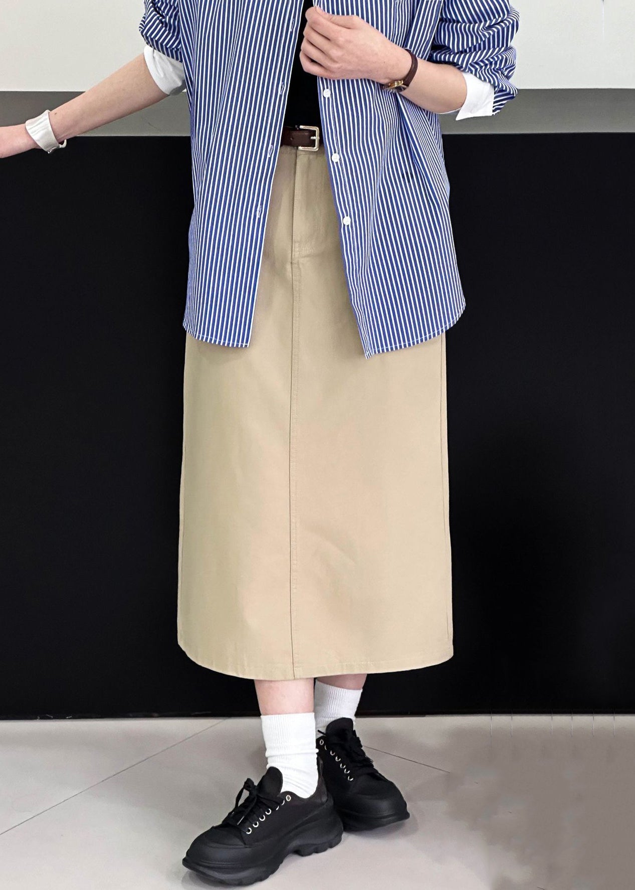 Khaki Side Open Solid Cotton Skirt High Waist AF1068