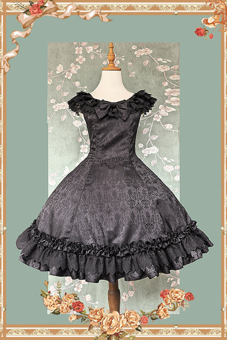 Gothic JSK Dress with Floral Print, Round Collar, and Ruffled Bow in Black