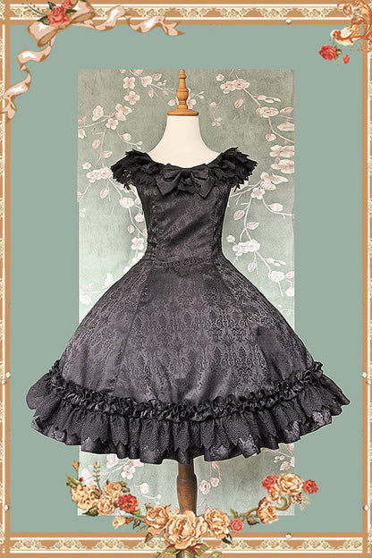 Gothic JSK Dress with Floral Print, Round Collar, and Ruffled Bow in Black