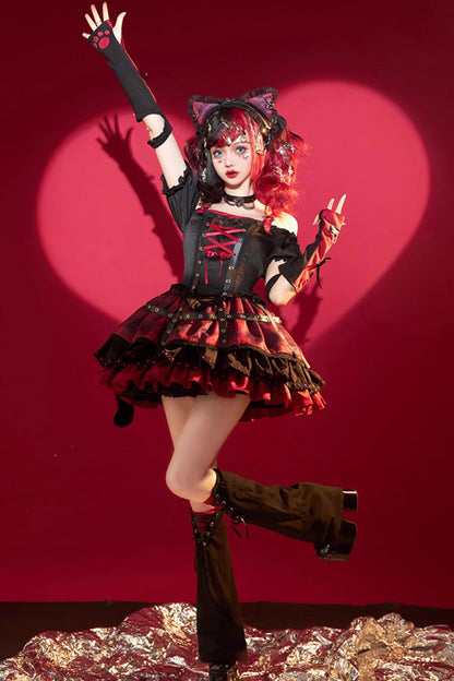 Crimson & Charcoal Floral Ruffle Laced Japanese Goth Princess JSK