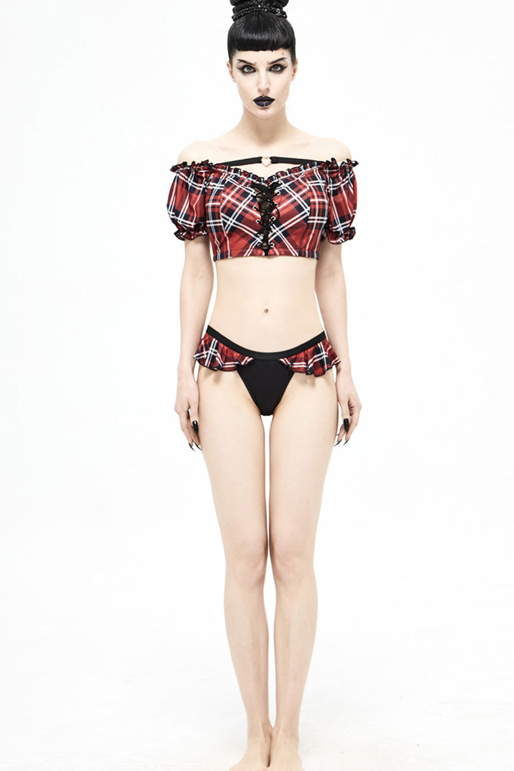 Crimson & Charcoal Tartan Frilled Punk Swim Shorts