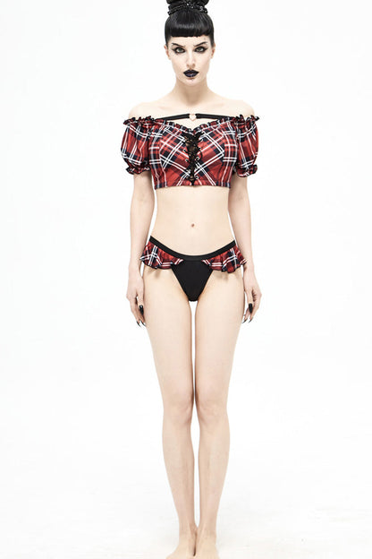 Crimson & Charcoal Tartan Frilled Punk Swim Shorts