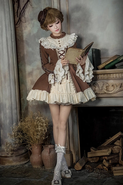 Nutcracker Stand Collar Trumpet Sleeve Lolita Dress Set with Bow - Lace-Up