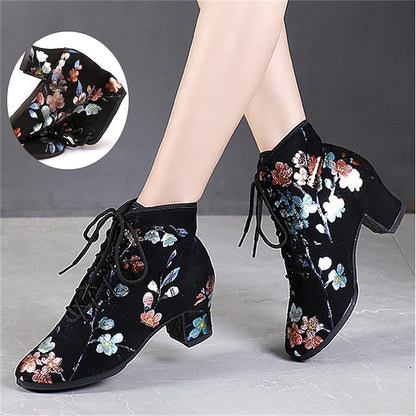 Floral for – Low Comfortable Shoes Lace-up Women Dance Black
