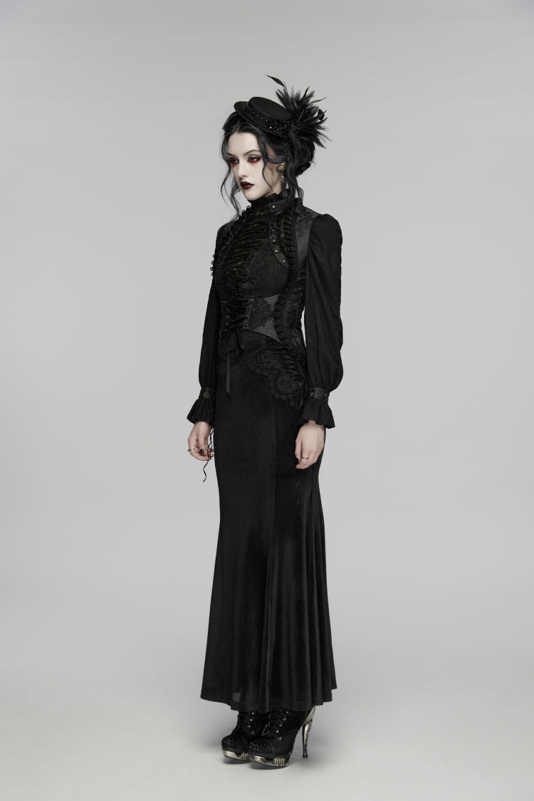 Gothic Slim Vest with Black Jacquard Embroidered Lace and Lace-Up Front