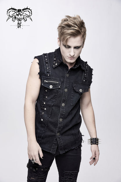 Men's Punk Waistcoat with Faded Finish, Bullet Clip and Rivet Details