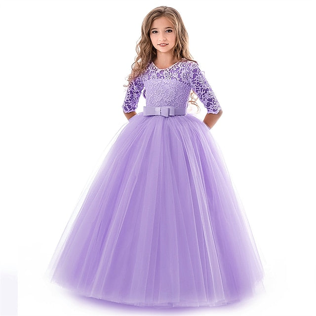 Flower Solid Girls' Kids Wedding Girl Colored Dress