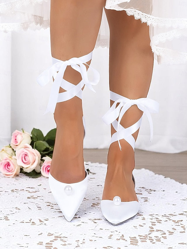 - Navy Pearl Satin Pointed Flats Embellished Toe Women's