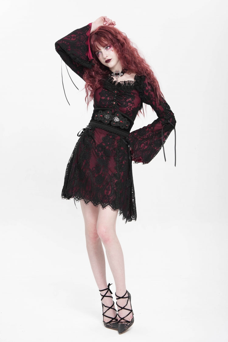 Crimson Square-Neck Gothic Dress with Floral Embroidery and Lace-Up