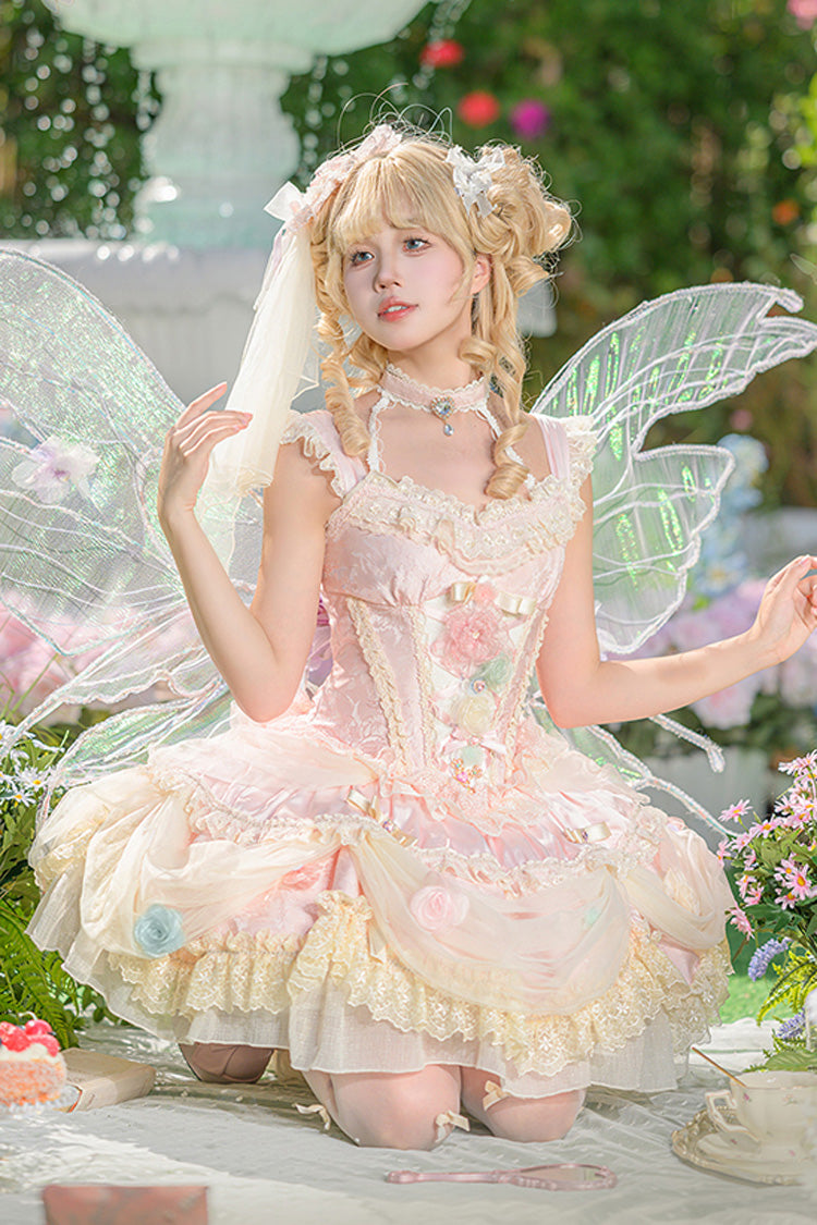 Blush Ruffled Embroidered Bow Lace Fishbone Princess JSK