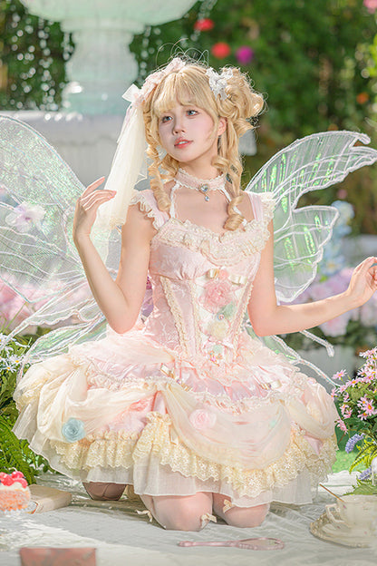 Blush Ruffled Embroidered Bow Lace Fishbone Princess JSK