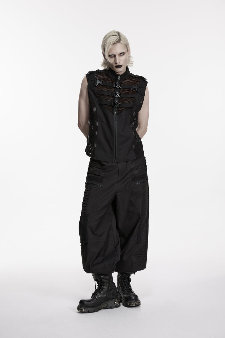 Mesh Cut-Out Punk Vest with Buckles and Eyelets for Men