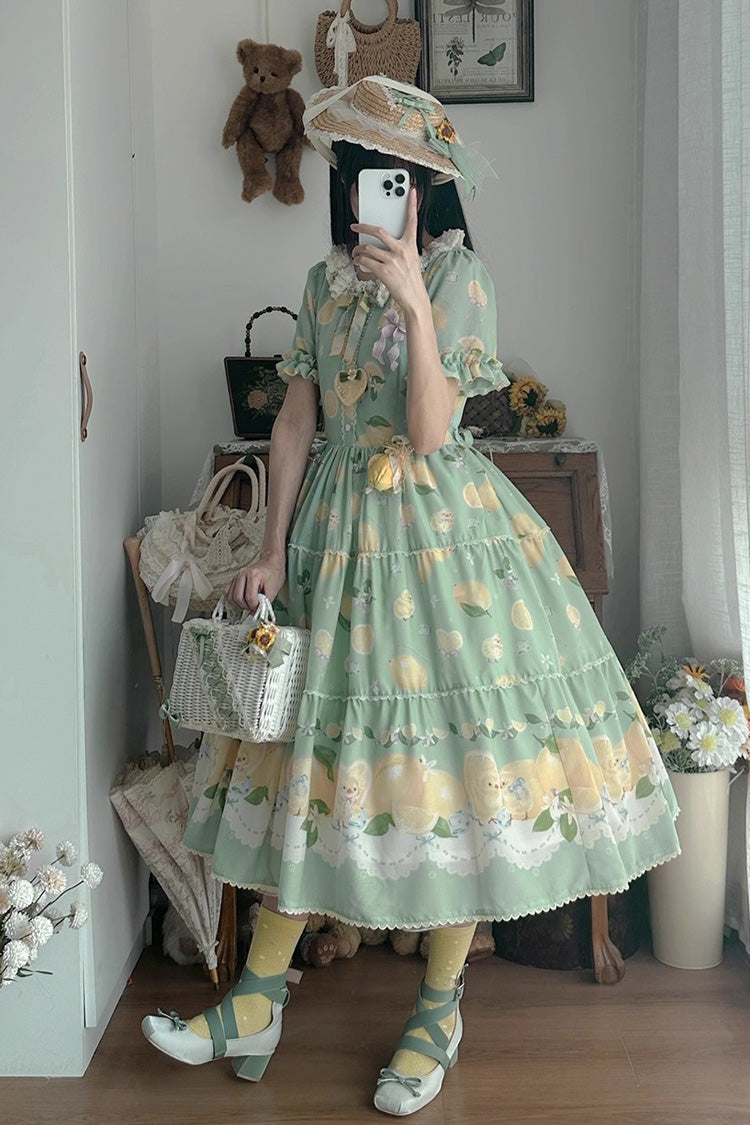 Emerald Lemon Chicken Short-Sleeve Ruffle Bow Daily Sweet Dress