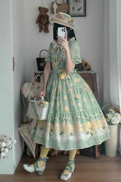 Emerald Lemon Chicken Short-Sleeve Ruffle Bow Daily Sweet Dress