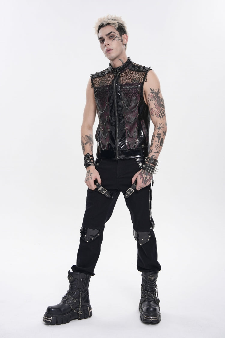 Men's Black Punk Vest, Spliced Mesh with Studs, Zippers and Eyelets