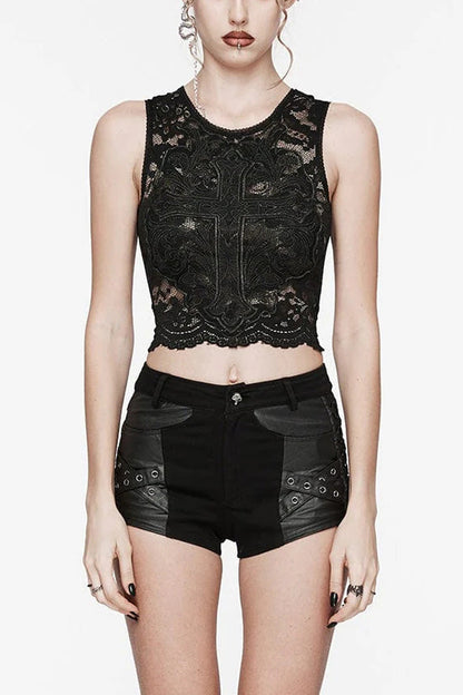 No-Sleeve Cross Embroidery Lace Gothic Waistcoat