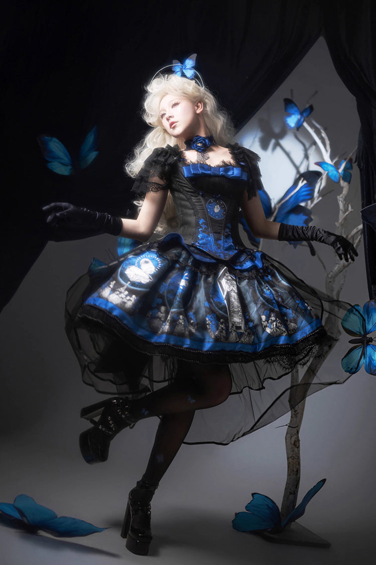Azure Dark Moon Corridor Print Embroidery Gothic Lolita Gown Skirt