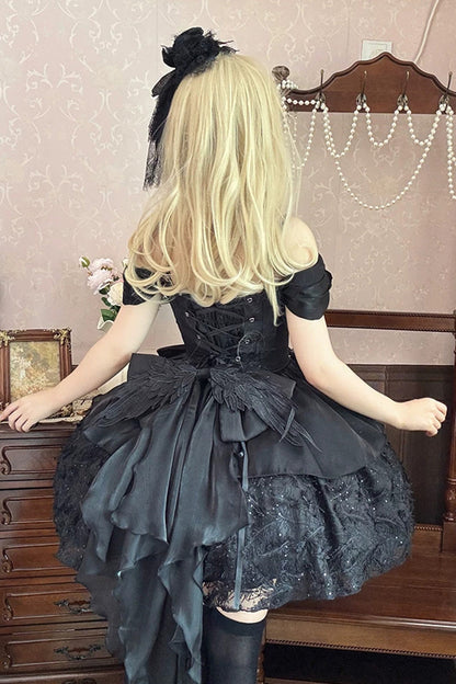 Embroidered Gothic JSK Dress with Square Collar and Flutter Sleeves in Black
