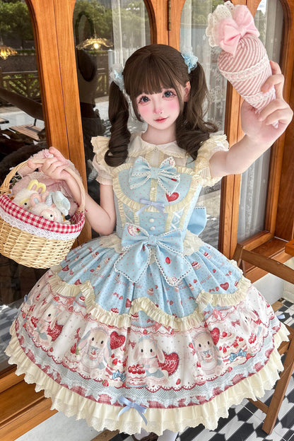 Azure Cute Rabbit Party Sleeveless Double Ruffled Bow Sweet Lolita Jumper Dress