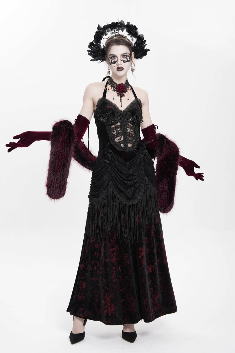 Crimson Gothic Maxi Dress with Floral Embroidery and Lace-Up Pleats