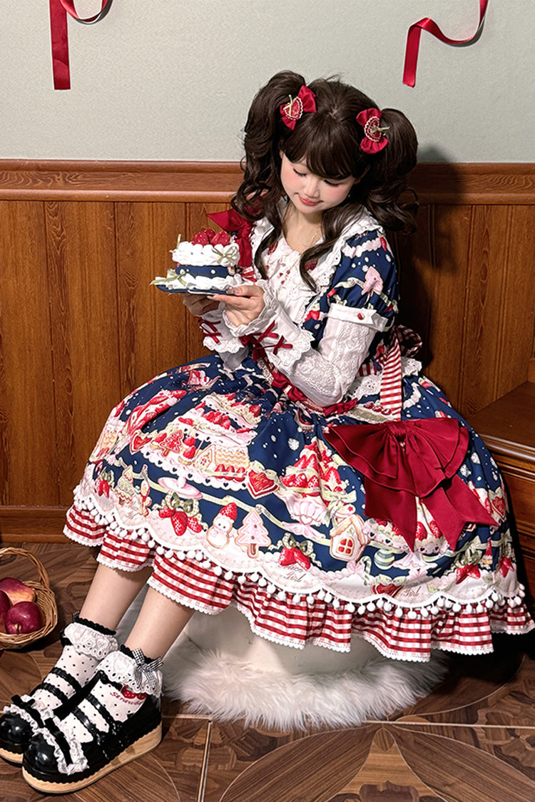 Doll Collar Short Sleeve Print Ruffle Bowknot Sweet Lolita Dress with Strawberry Dessert - 4 Colors