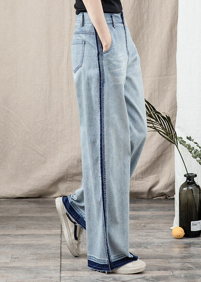 Beautiful Blue Pockets Patchwork Denim Wide Leg Pants Spring TT1027