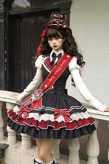 Ebony V-Neck Printed Tiered Bow Collegiate JSK - Honor Guard Gala