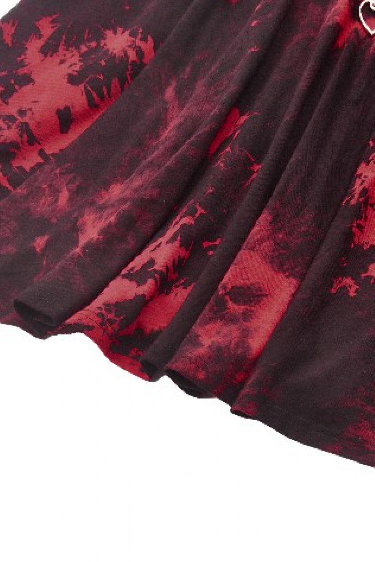 Crimson Punk Slip Dress with Asymmetric Tie-Dye and Mesh Hem