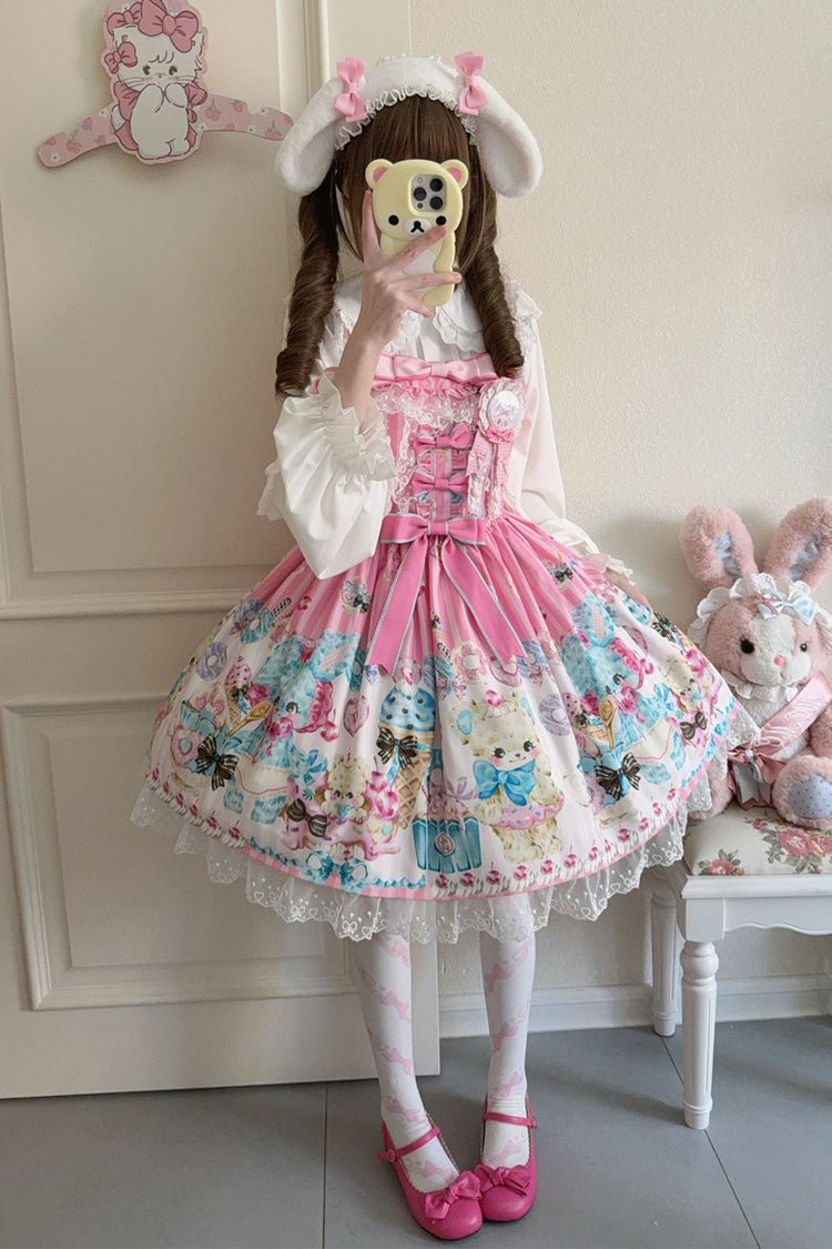 Blush Bear Print Ruffle Bow Lace Princess JSK - Floral Whisper
