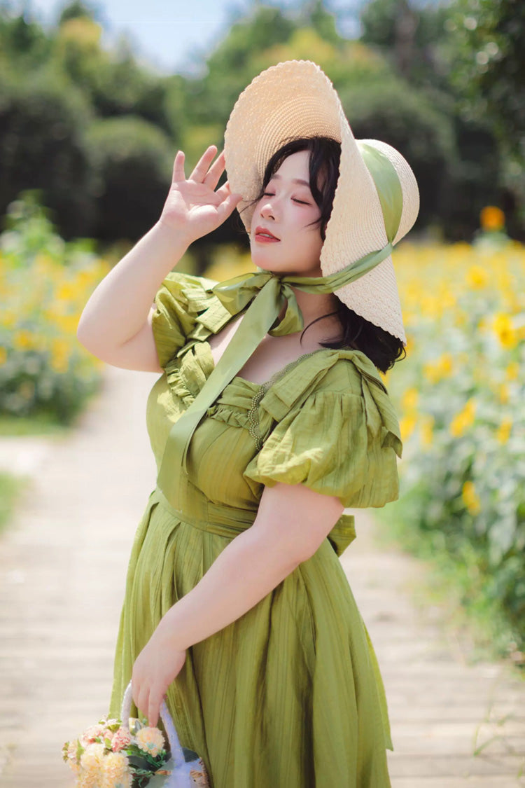 Emerald Square Neck Short Sleeve Ruffled Bow Vintage Elegant Lolita Gown