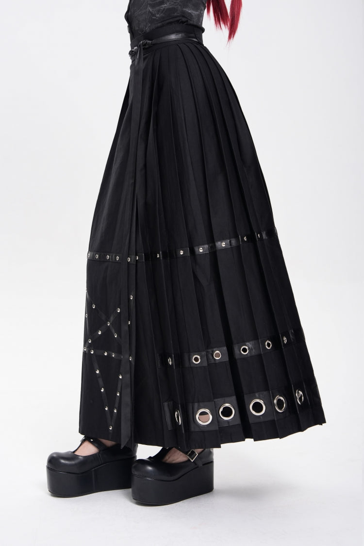 Women's Punk Skirt with Eyelets, Rivets and Pentacle Horse-Face Motif