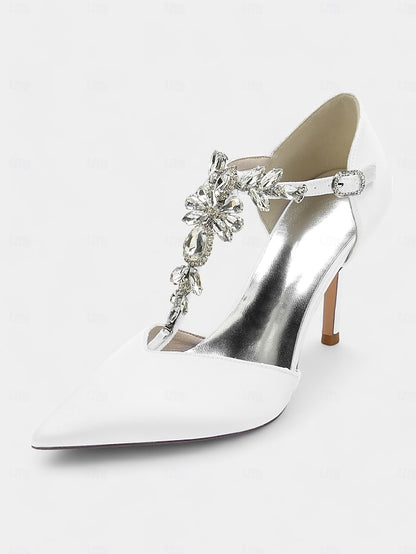 Navy Women's Heels Toe – Blue T-Strap Pointed Satin