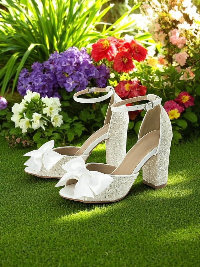 Block Sandals with Ankle Glitter Wedding Women's Heel White