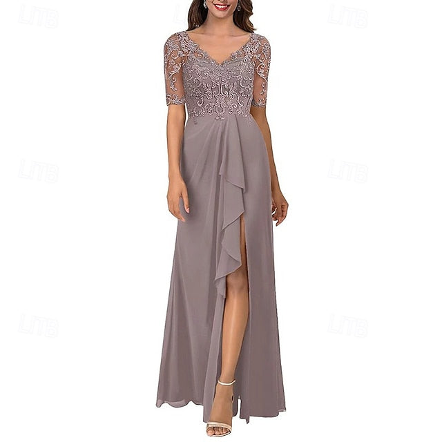 V A-Line Simple the of Neck Dress Elegant Bride Mother