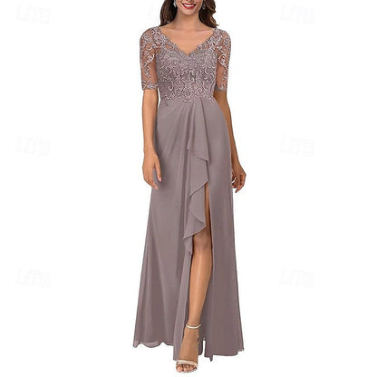 V A-Line Simple the of Neck Dress Elegant Bride Mother