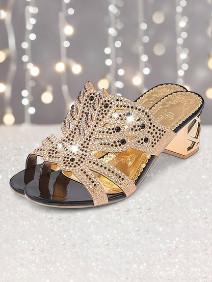 Heeled Embellished and Rhinestone - Green Sandals Gold
