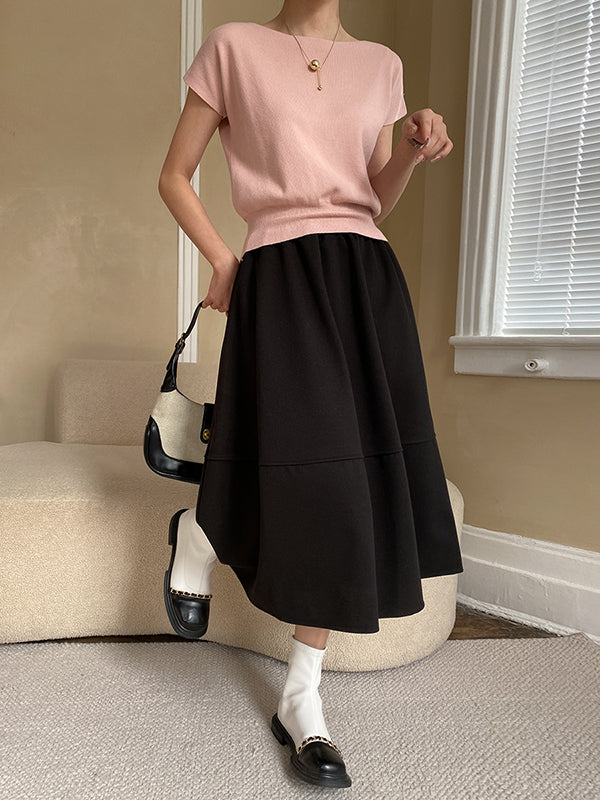 Pink Sleeve Top Short Knit Boat Loose Neck Stylish