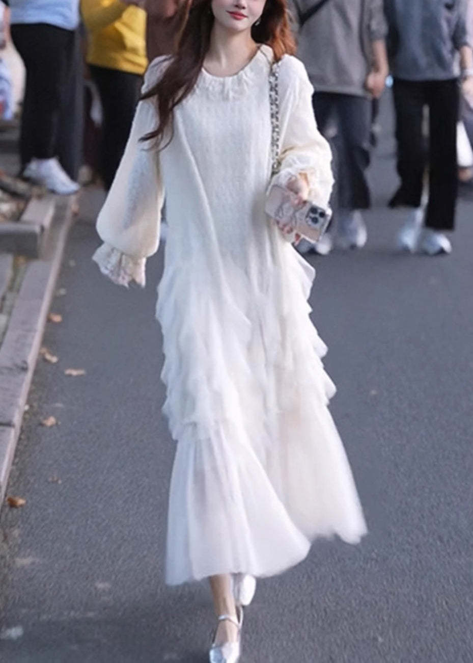 White Maxi Sleeve Solid Tulle Butterfly Dresses Elegant Patchwork