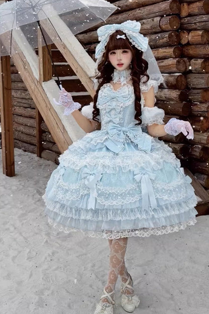 Azure Misty Moon Sleeveless Ruffled Bow Pearl Lace Sweet Princess Lolita Jumper Dress