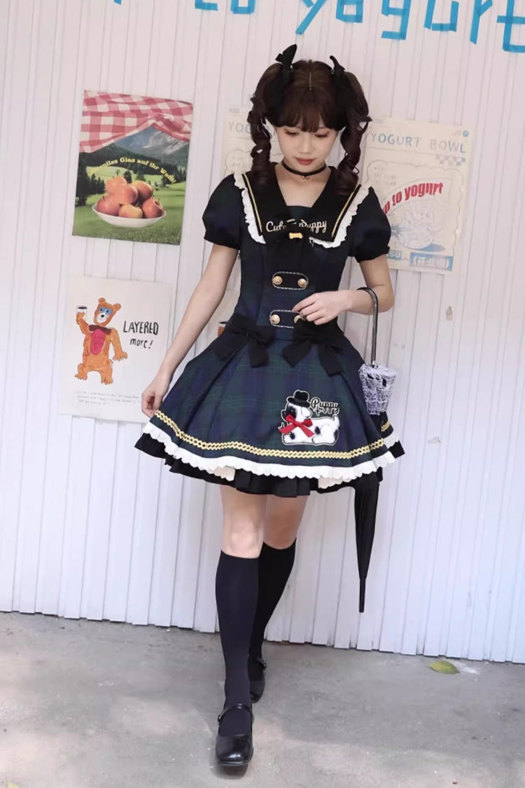Azure Dalmatian Print Short Sleeve Ruffle Bow Slim Sweet Lolita Gown