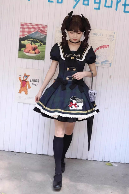 Azure Dalmatian Print Short Sleeve Ruffle Bow Slim Sweet Lolita Gown