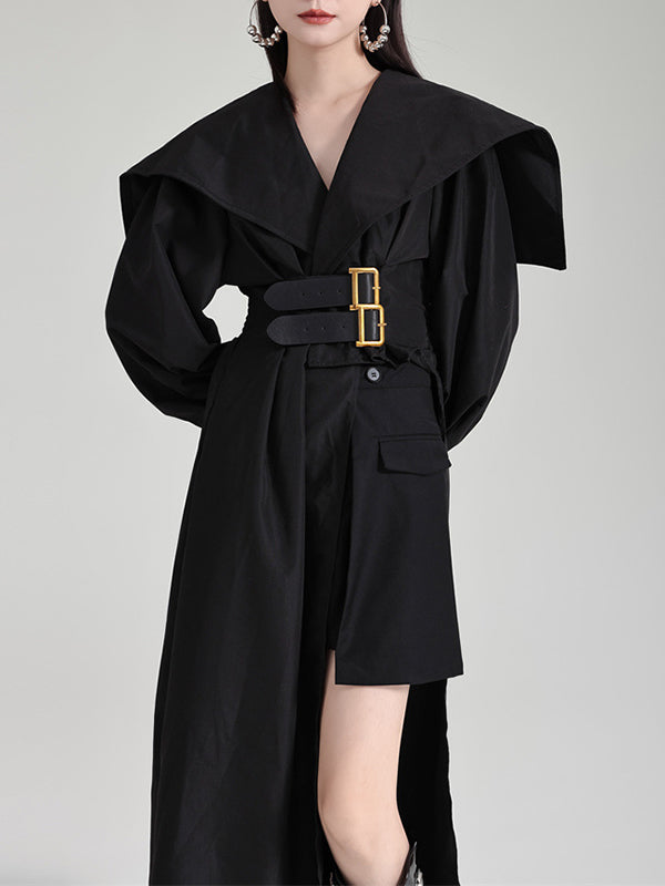 Pleated Black Asymmetric Lapel Waisted Long High Modern Belted